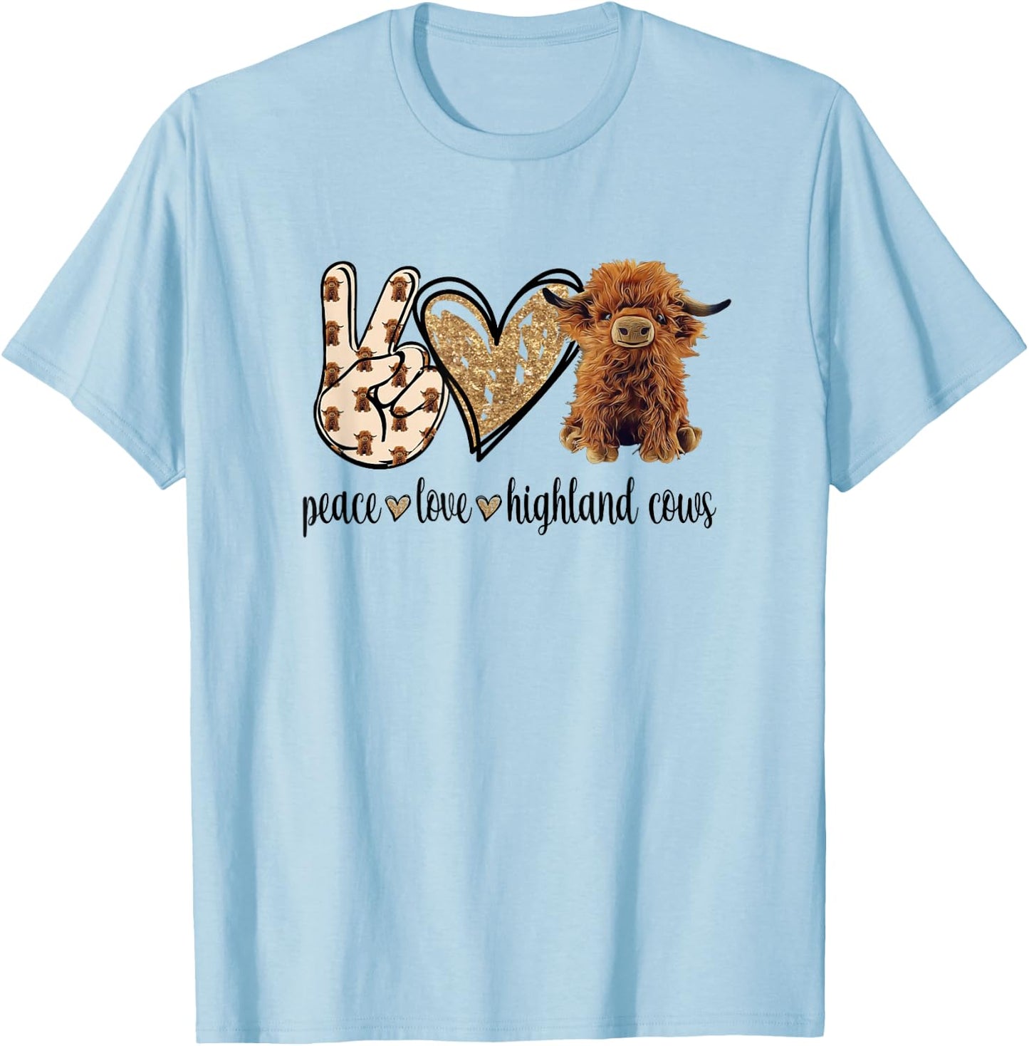 Girls Peace Love Heifer Scottish Highland Cow Lover T-Shirt - T-Shirt | Light Blue