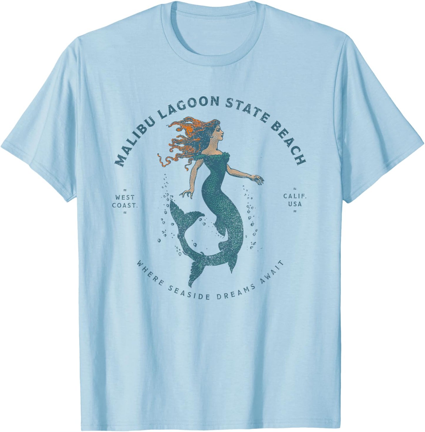 Malibu Lagoon State Beach California Retro Vintage Mermaid T-Shirt - T-Shirt | Light Blue