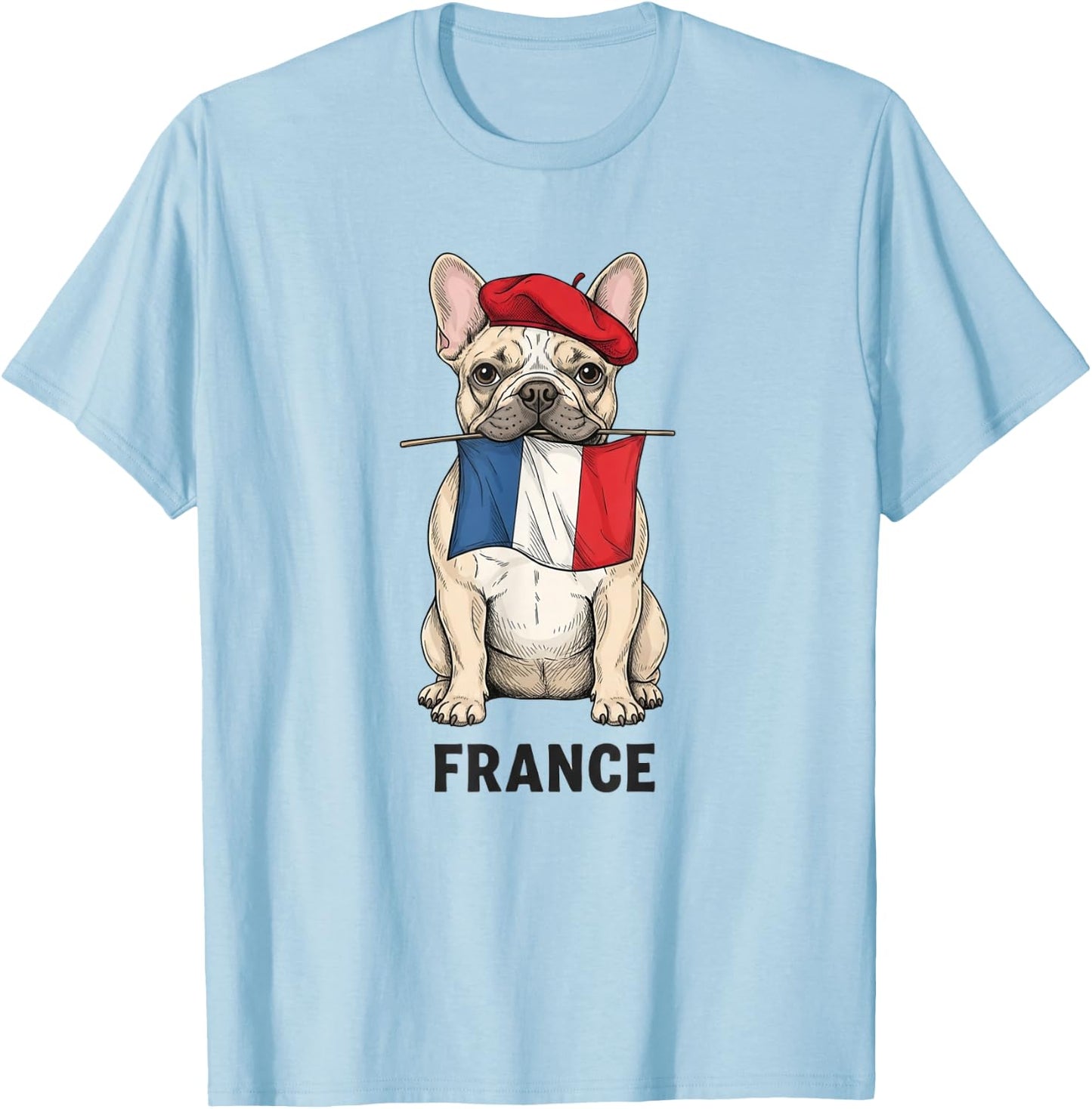 French Bulldog with Flag Beret France Art Travel Souvenir T-Shirt - T-Shirt | Light Blue