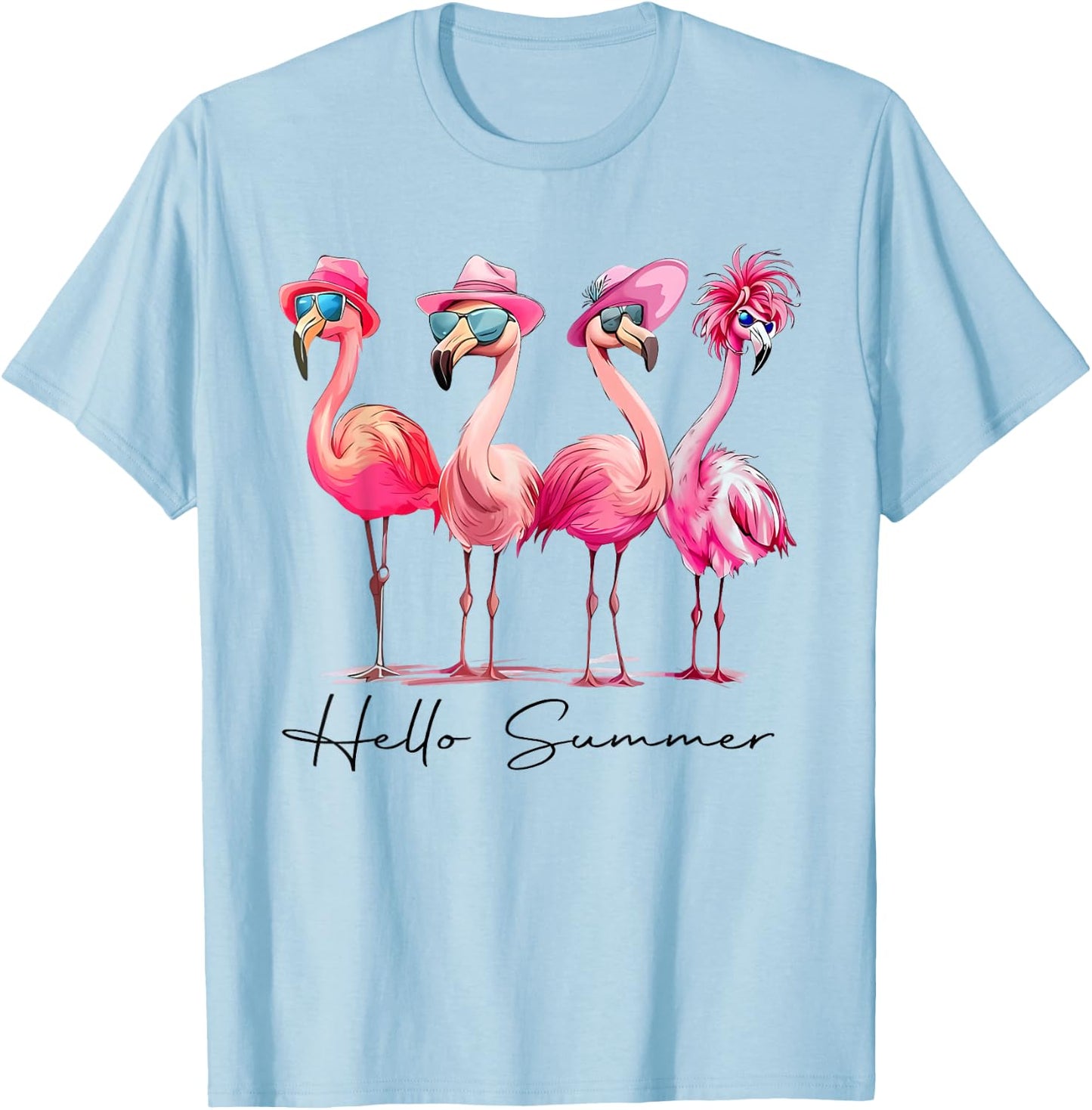 Flamingo Pink Palm Tree Tropical Beach Summer Vacation Women T-Shirt - T-Shirt | Light Blue