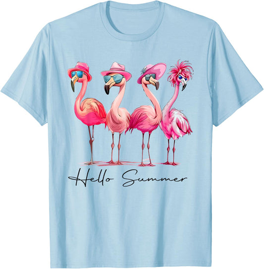 Flamingo Pink Palm Tree Tropical Beach Summer Vacation Women T-Shirt - T-Shirt | Light Blue