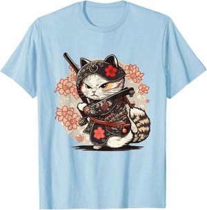 Japanese Samurai Ninja Cat Katana Japanese Style Japan Cat T-Shirt - T-Shirt | Light Blue
