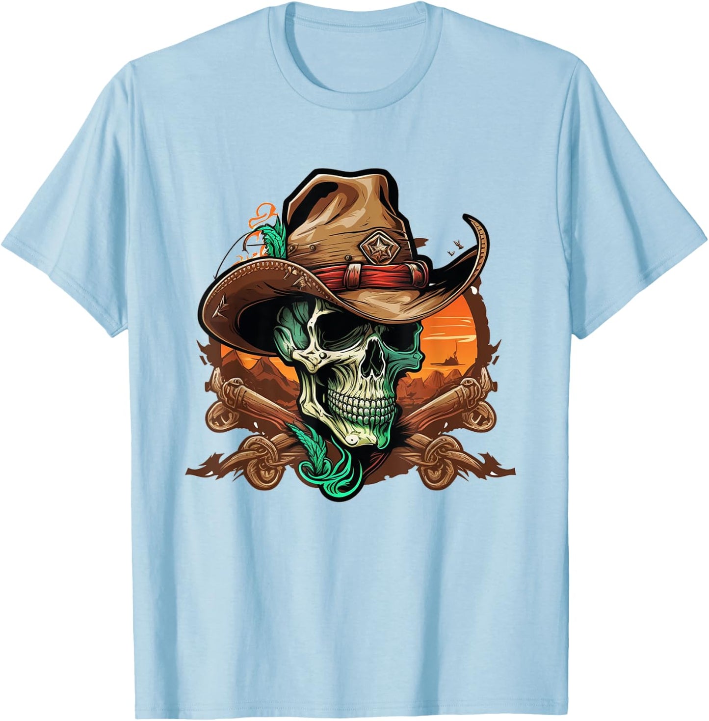 Skull Wearing Cowboy Hat Skeleton T-Shirt - T-Shirt | Light Blue