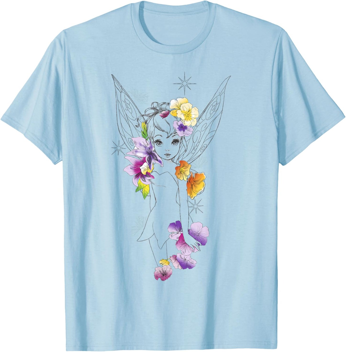 Disney Peter Pan Tinker Bell Outline Floral Sketch Portrait T-Shirt - T-Shirt | Light Blue