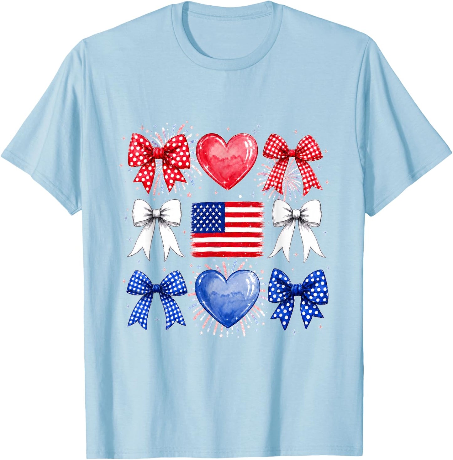 Bow American Flag 4th of July Fourth US Patriotic Women Girl T-Shirt - T-Shirt | Light Blue