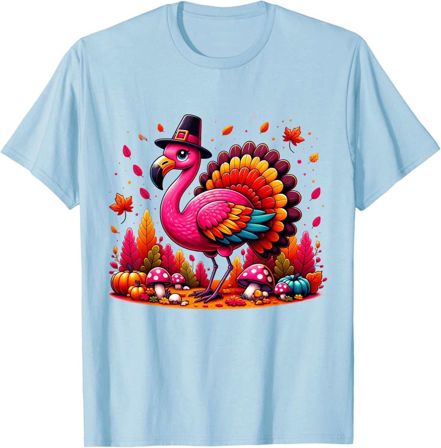 Flamingo Turkey Cute Flamingo Turkey Fall Leaf Thanksgiving T-Shirt - T-Shirt | Light Blue