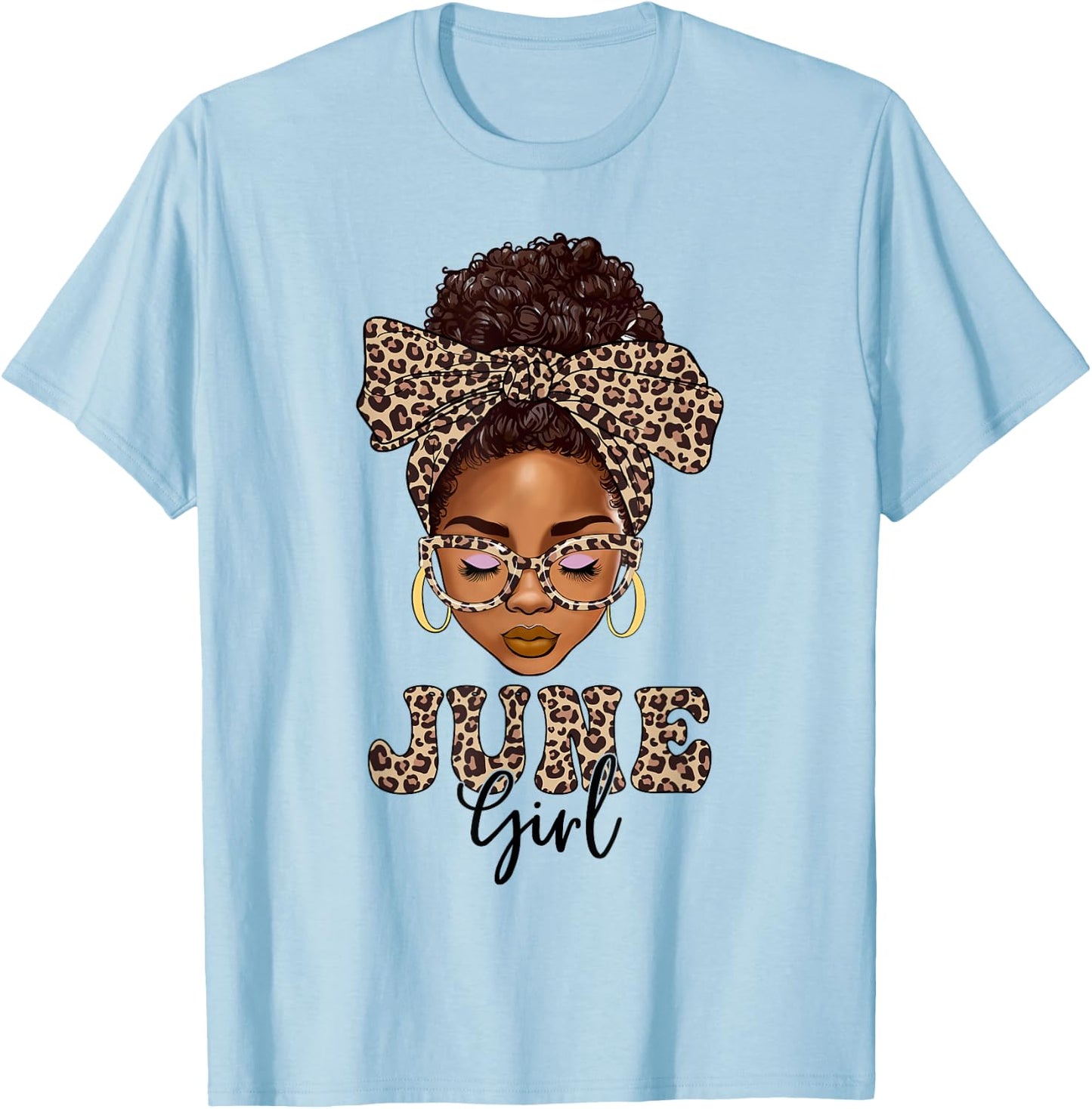 June Girls Messy Bun Leopard Black Women Birthday T-Shirt - T-Shirt | Light Blue