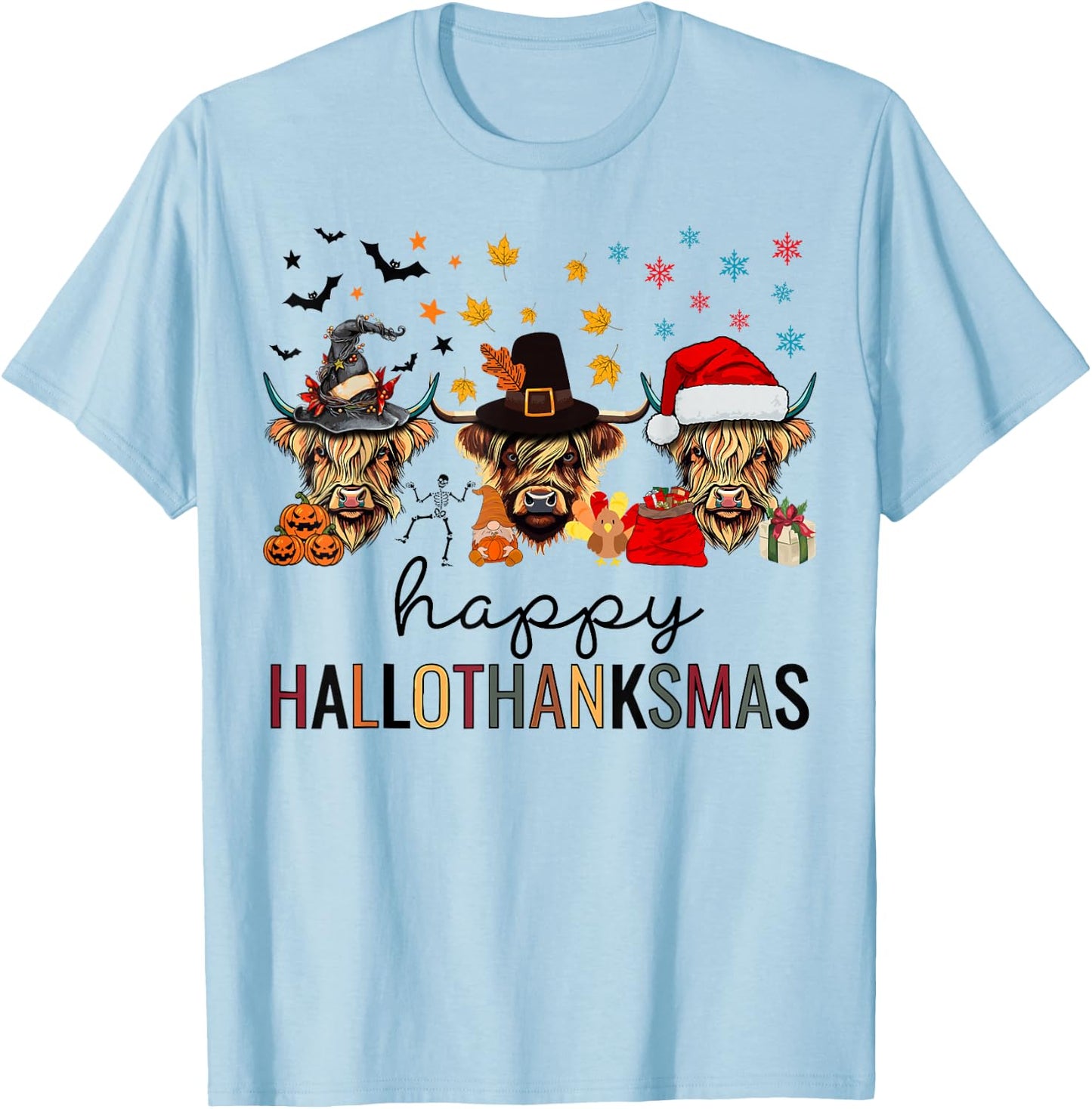 Happy Hallothanksmas Highland Cow Halloween Christmas T-Shirt - T-Shirt | Light Blue