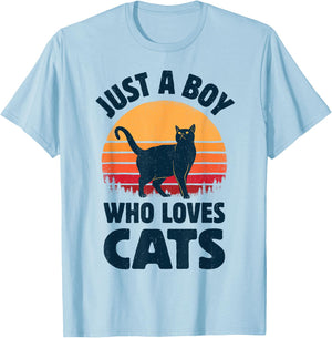 Cat Just A Boy Who Loves Cats Men Retro Vintage Sunset T-Shirt - T-Shirt | Light Blue