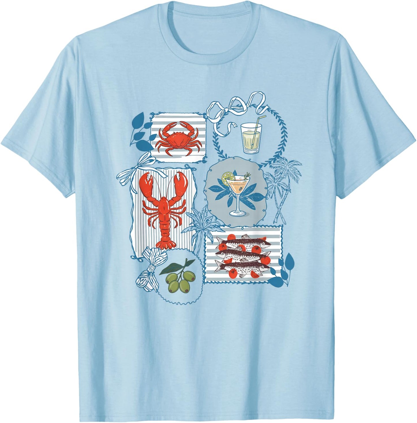 Aesthetic Italian Summer Coastal Chic Lobster Crab Sardines T-Shirt - T-Shirt | Light Blue