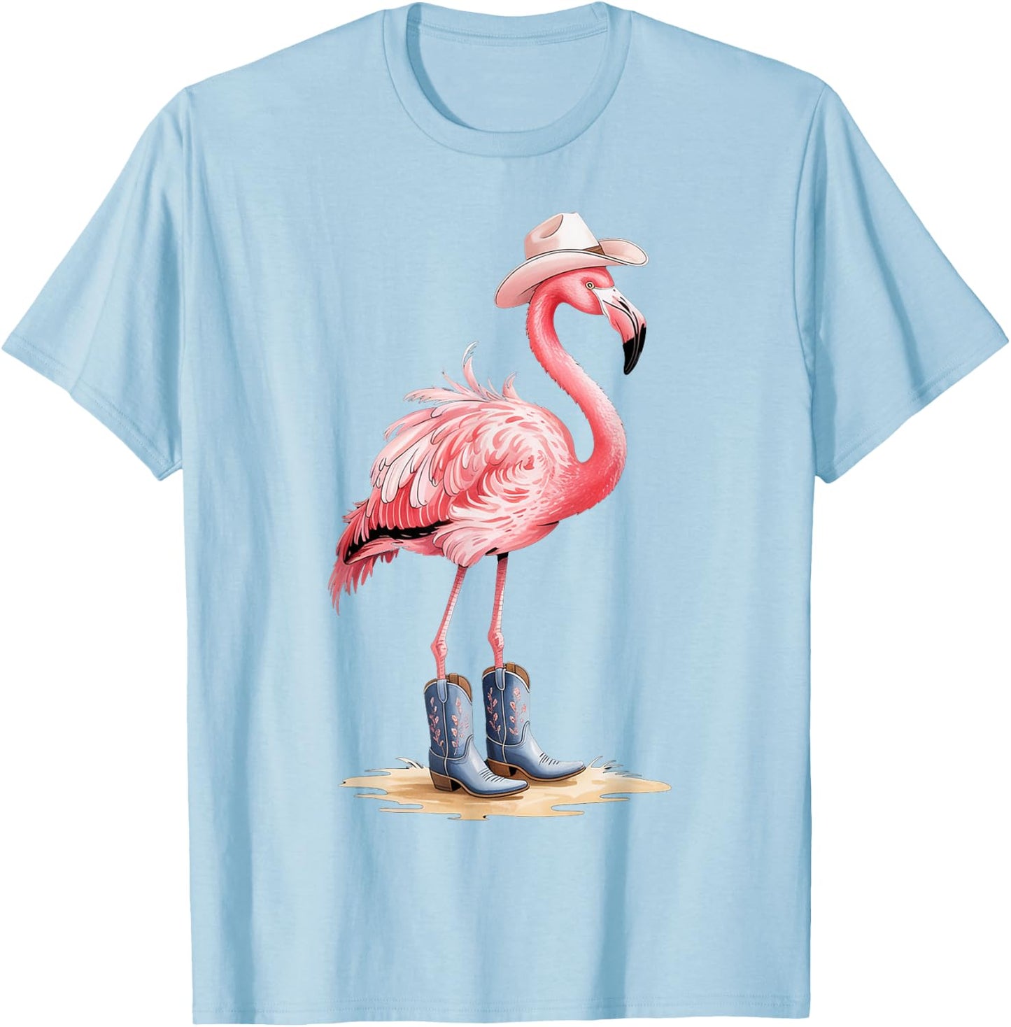 Cowboy Flamingo with Hat and Boots Western Style T-Shirt - T-Shirt | Light Blue