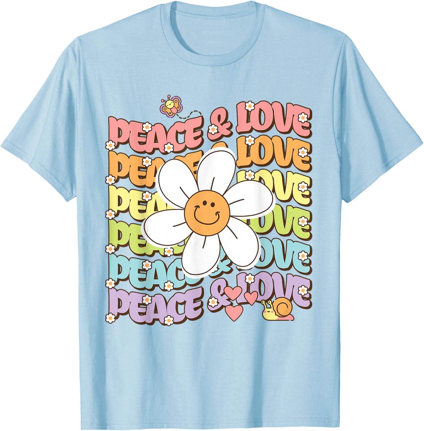 Retro Shirt Peace & Love Cute Smile Daisy Flower Women Teen T-Shirt - T-Shirt | Light Blue
