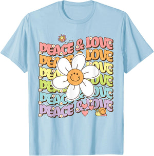 Retro Shirt Peace & Love Cute Smile Daisy Flower Women Teen T-Shirt - T-Shirt | Light Blue