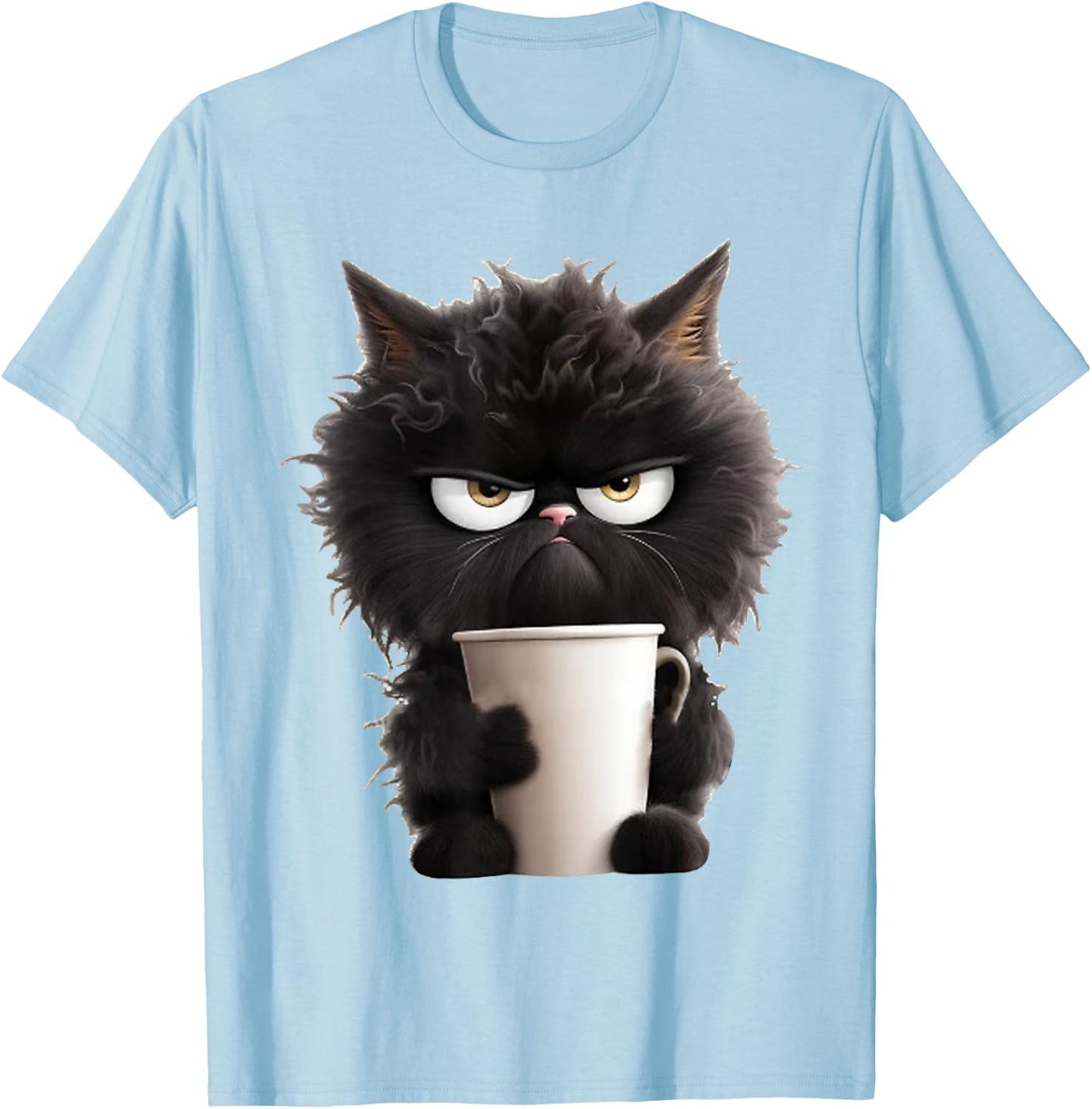 Funny Cute Black Cat Coffee Angry T-Shirt - T-Shirt | Light Blue
