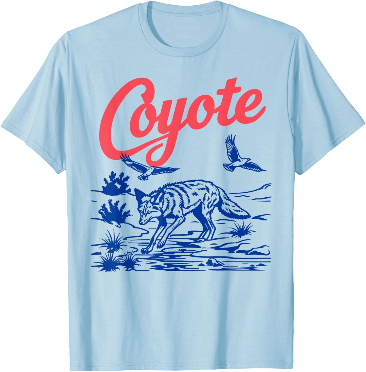 Retro Coyote Desert Wildlife Western Art T-Shirt - T-Shirt | Light Blue