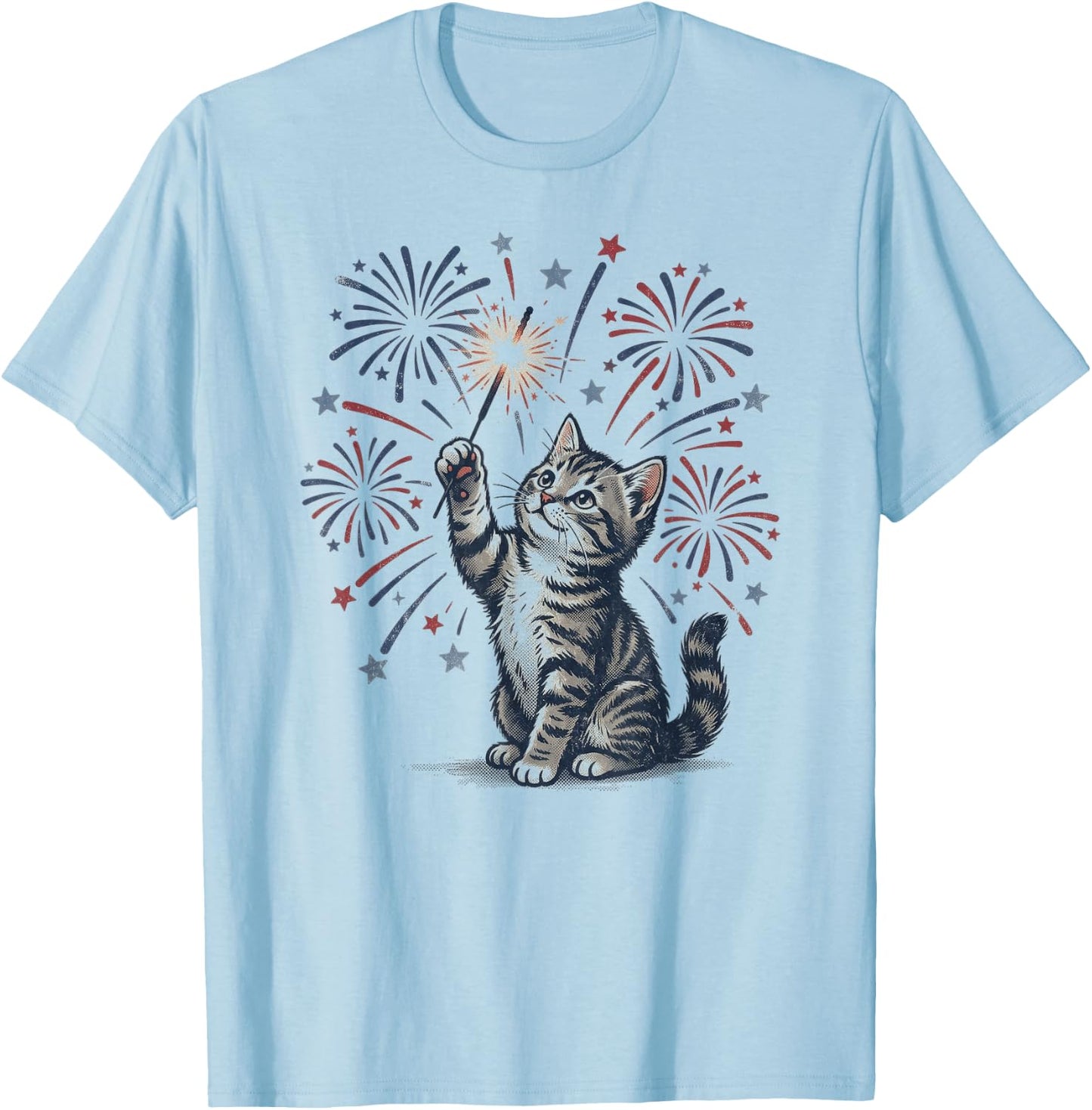 Vintage Patriotic Cat Sparkler 4th of July T-Shirt - T-Shirt | Light Blue