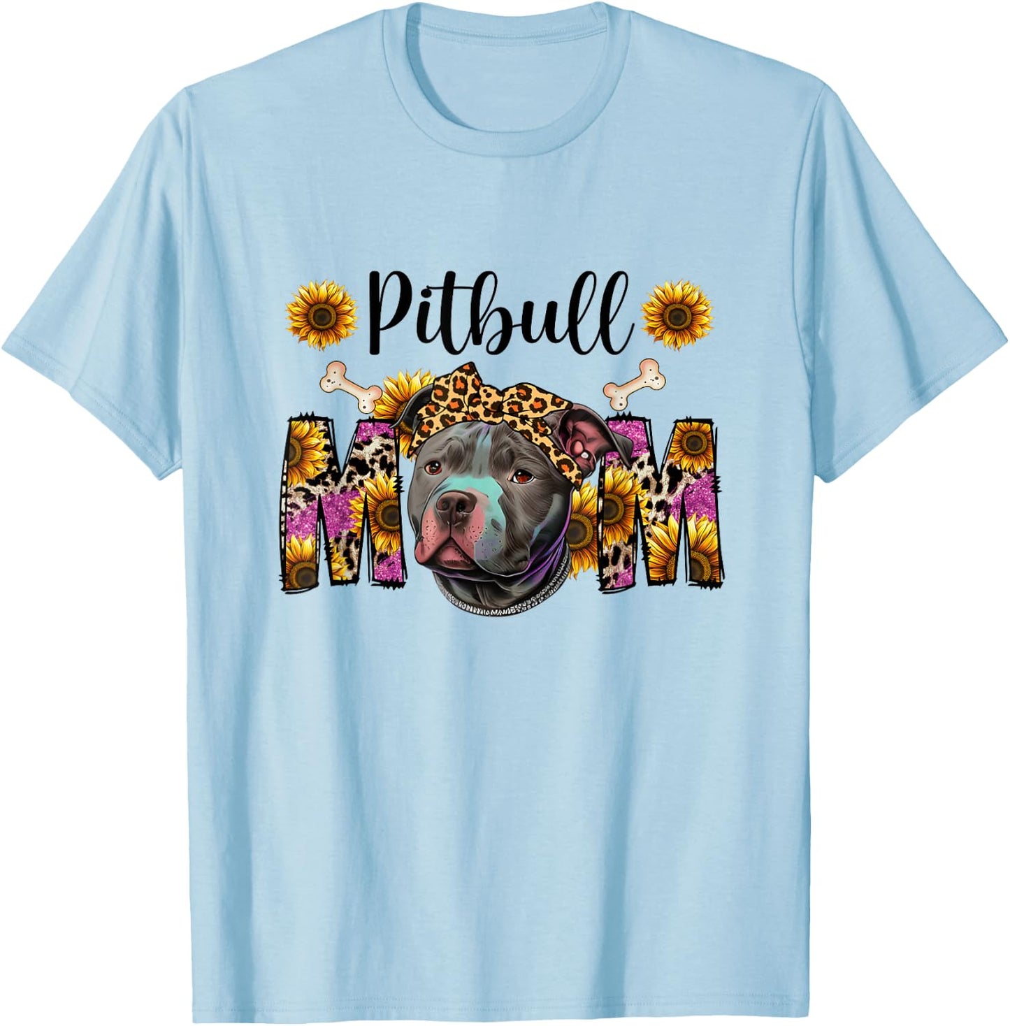 Pitbull Mom Graphic Design with Sunflowers T-Shirt - T-Shirt | Light Blue