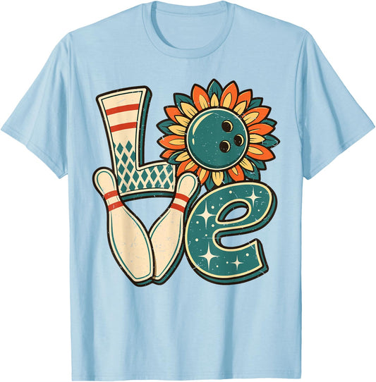 Women Bowling-Shirt Love Bowl Ball Sunflower Vintage Retro T-Shirt - T-Shirt | Light Blue