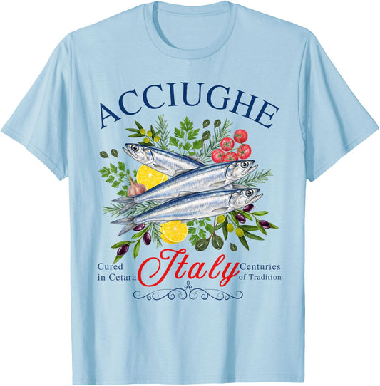 Italian Anchovies Lemon Olives Mediterranean Coastal Food T-Shirt - T-Shirt | Light Blue