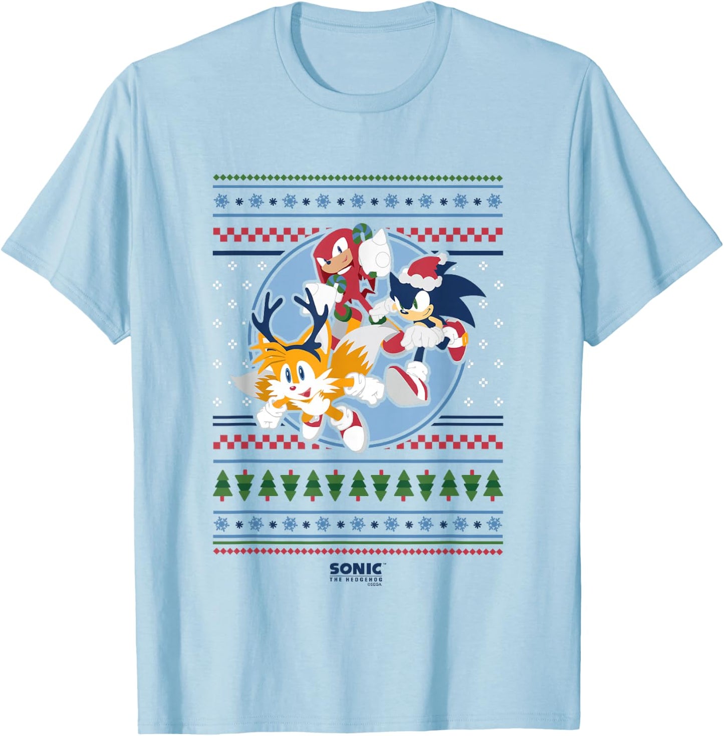 Sonic The Hedgehog Christmas Speedy Ugly Sweater Crew T-Shirt - T-Shirt | Light Blue
