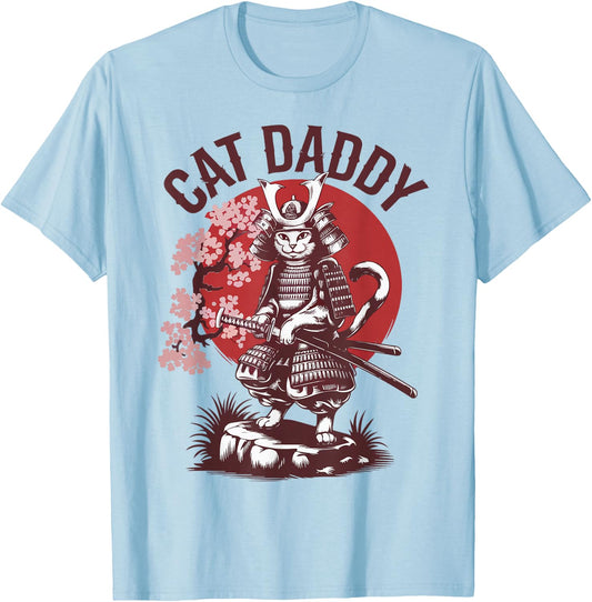 Funny Samurai Cat Daddy Kitten Dad Father Day Japanese Anime T-Shirt - T-Shirt | Light Blue