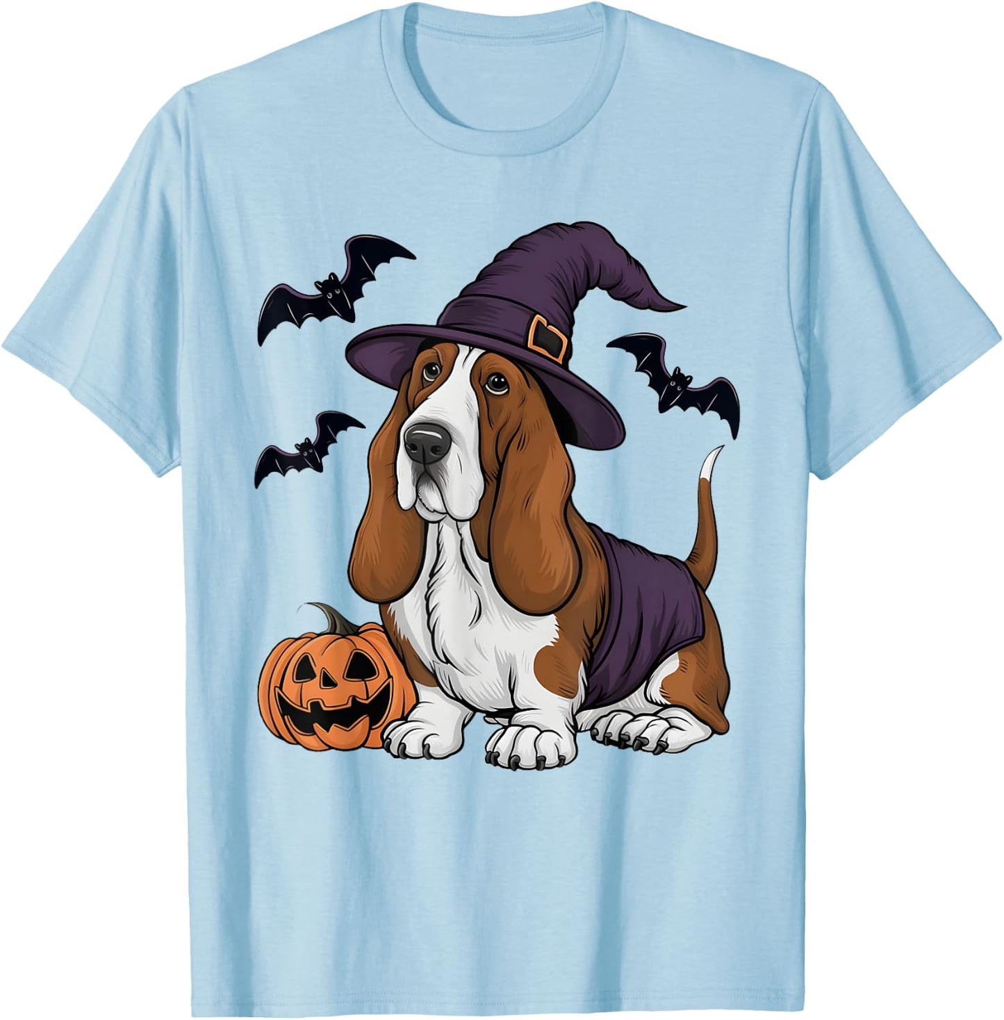 Pumpkin Bat Witch Costume Basset Hound Dog Halloween T-Shirt - T-Shirt | Light Blue