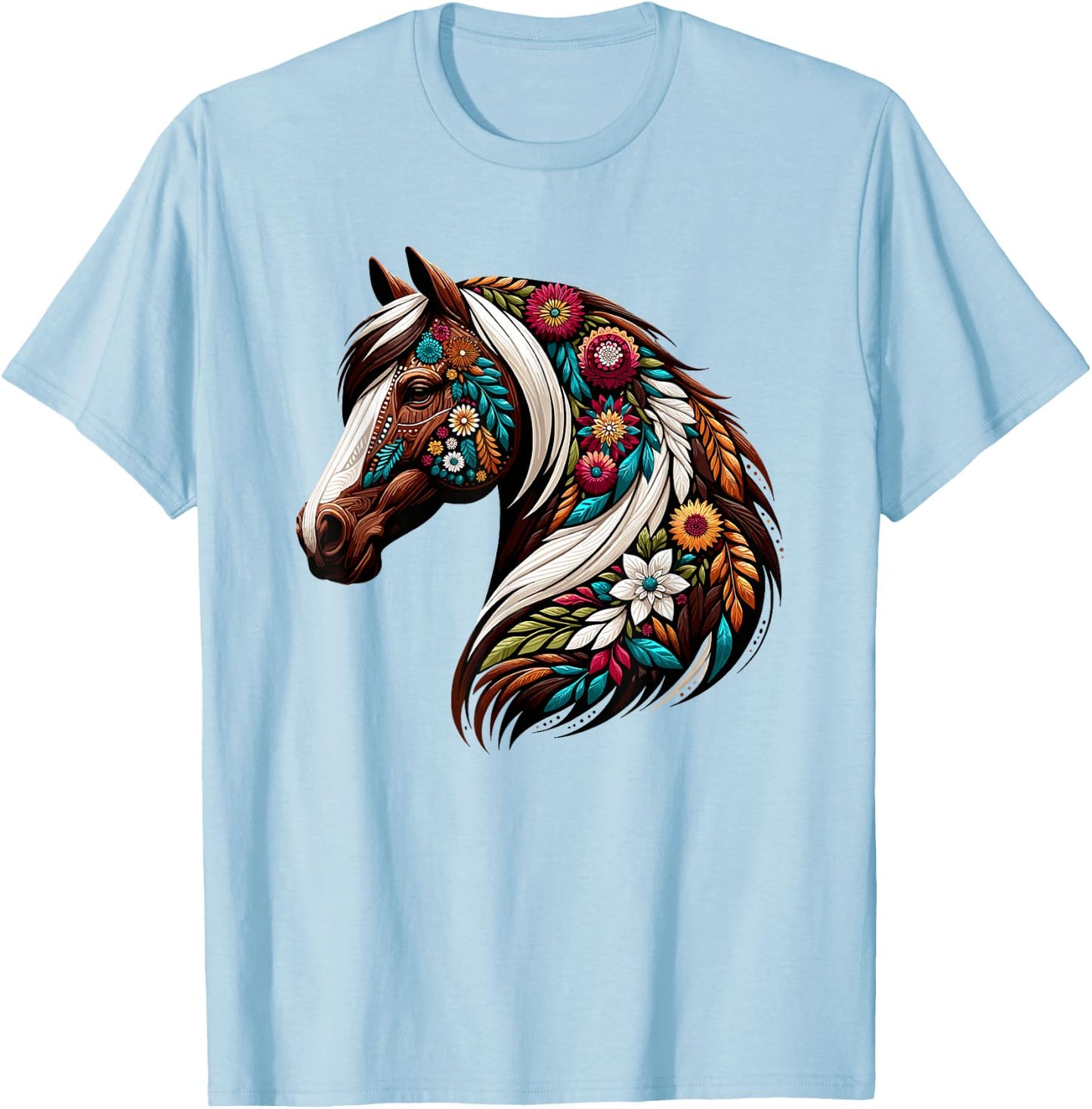 Equestrian Horse Riding, Western Horseback, Horse Flower T-Shirt - T-Shirt | Light Blue