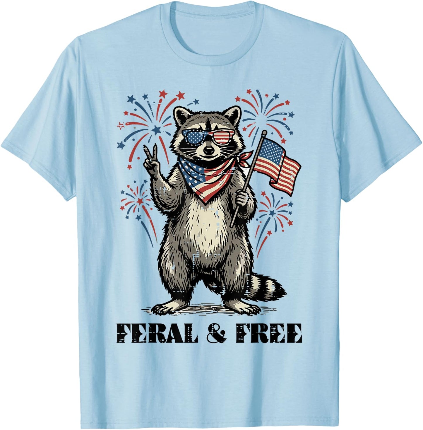 Raccoon Feral and Free US Flag 4th of July Men Women Kids T-Shirt - T-Shirt | Light Blue