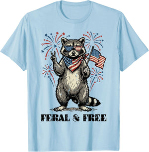 Raccoon Feral and Free US Flag 4th of July Men Women Kids T-Shirt - T-Shirt | Light Blue