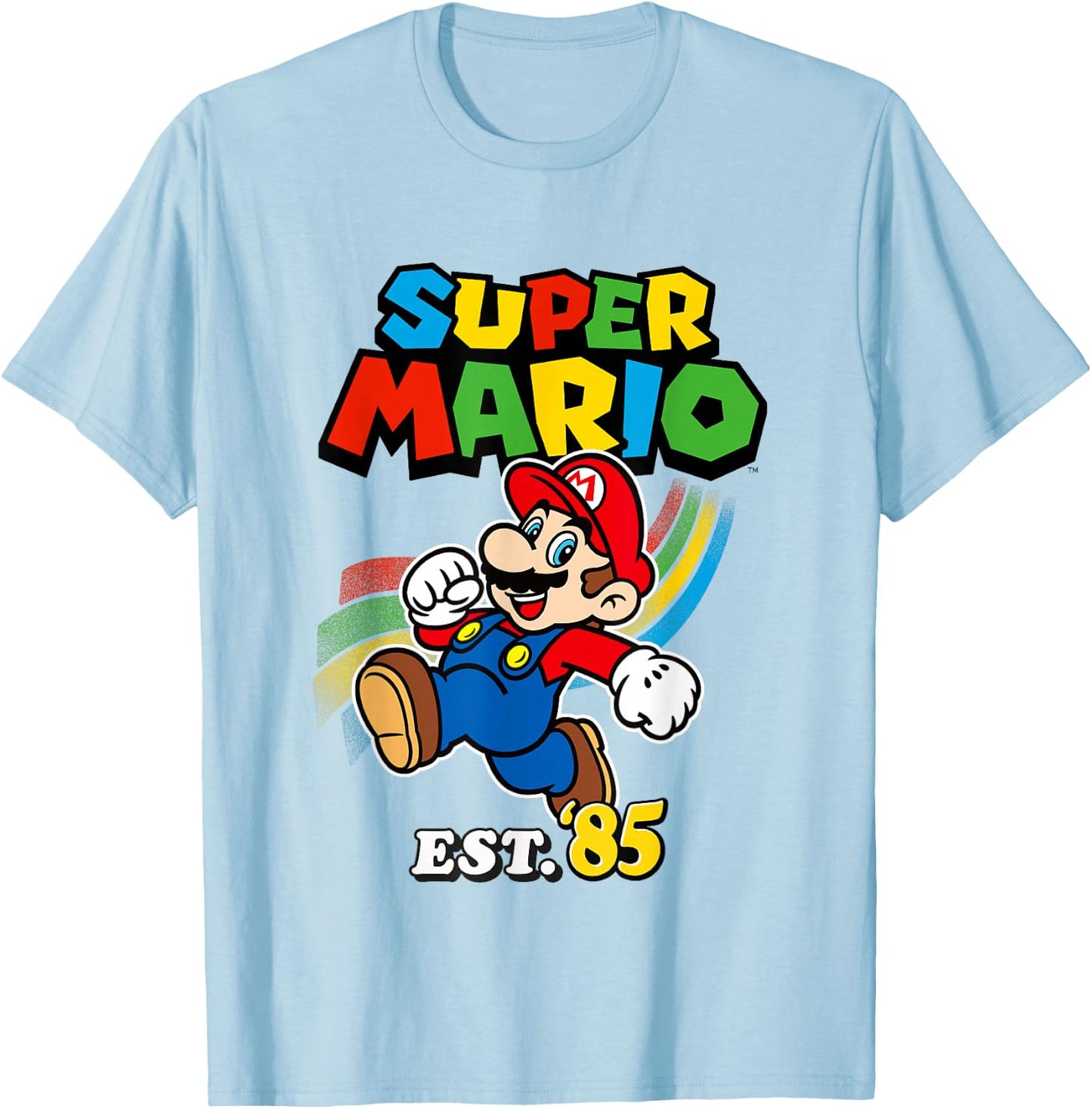 Super Mario Est. '85 Iconic Colorful Retro Big Chest Logo T-Shirt - T-Shirt | Light Blue