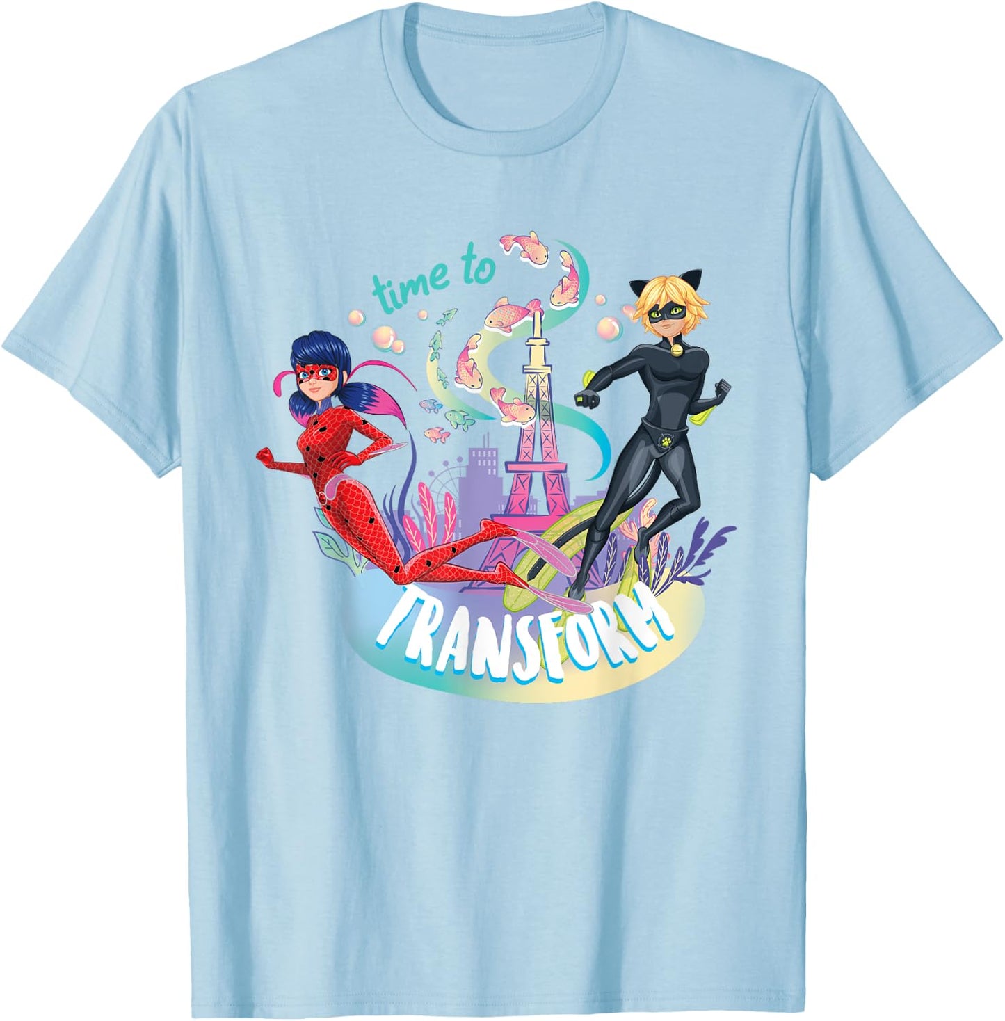 Miraculous Ladybug Cat Noir Aqua Summer Time to Transform T-Shirt - T-Shirt | Light Blue
