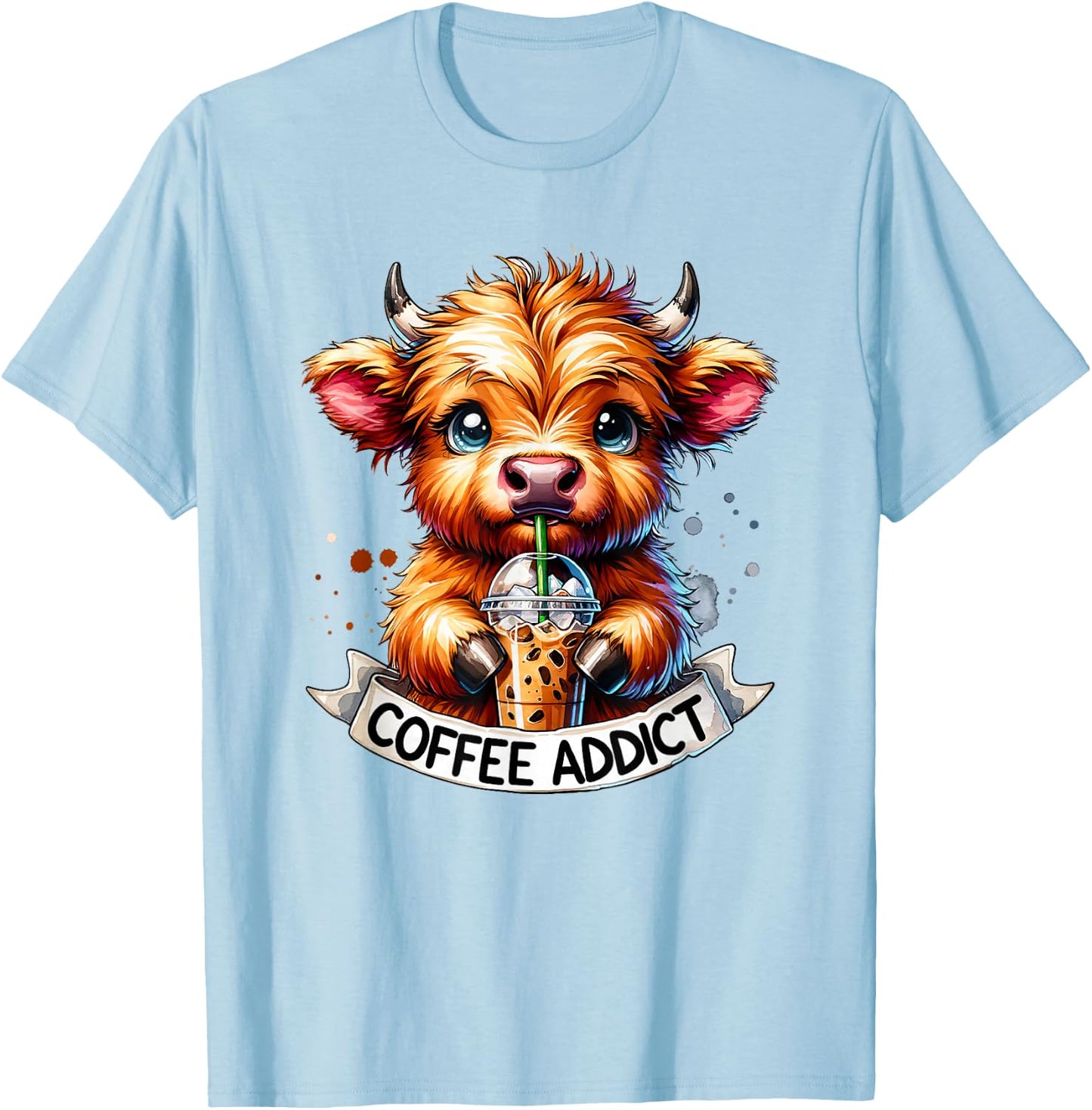 Cute Highland Cow Coffee Addict T-Shirt - T-Shirt | Light Blue