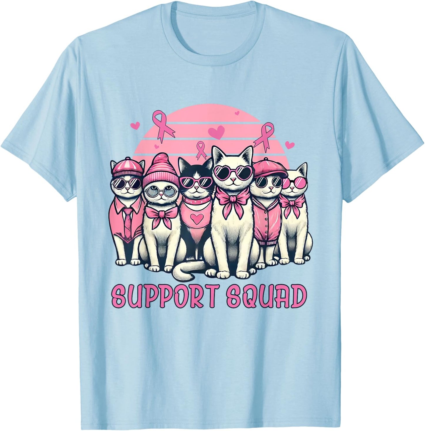 Support Squad Breast Cancer Women Cat Lover Pink Ribbon T-Shirt - T-Shirt | Light Blue