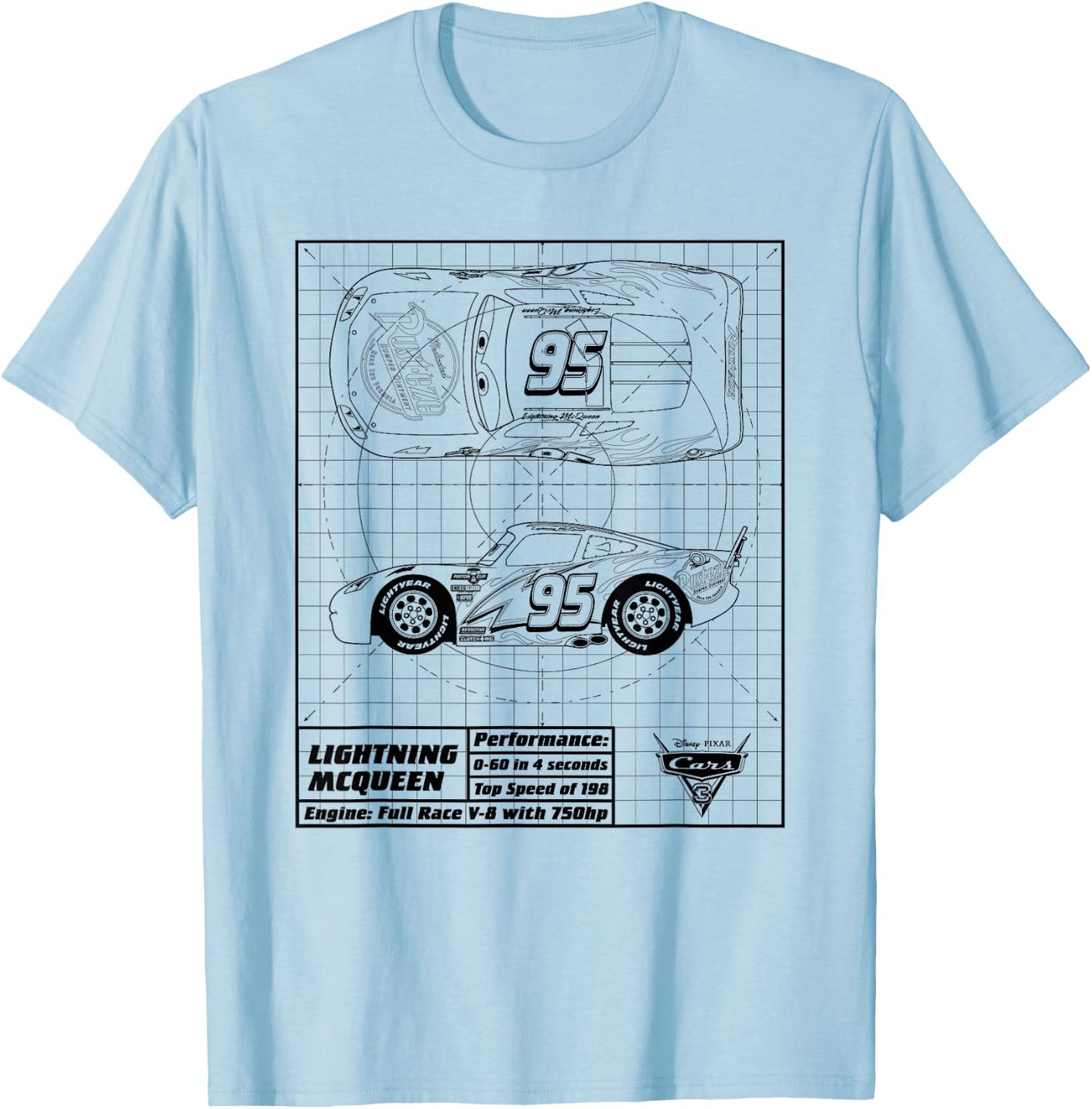 Cars Lightning McQueen Blueprint , White T-Shirt - T-Shirt | Light Blue