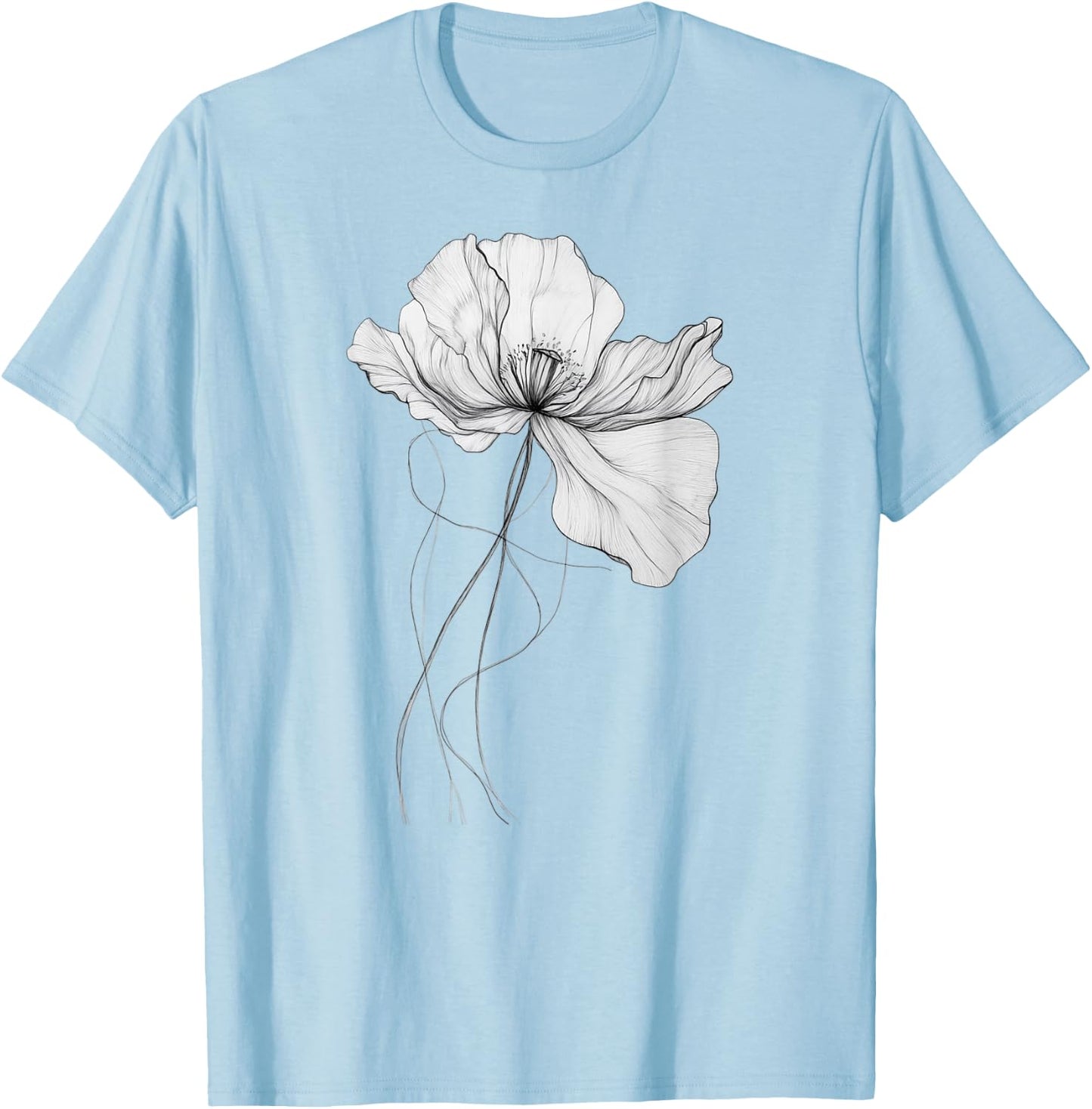 Poppy August Birth Flower Minimalistic Black and White T-Shirt - T-Shirt | Light Blue