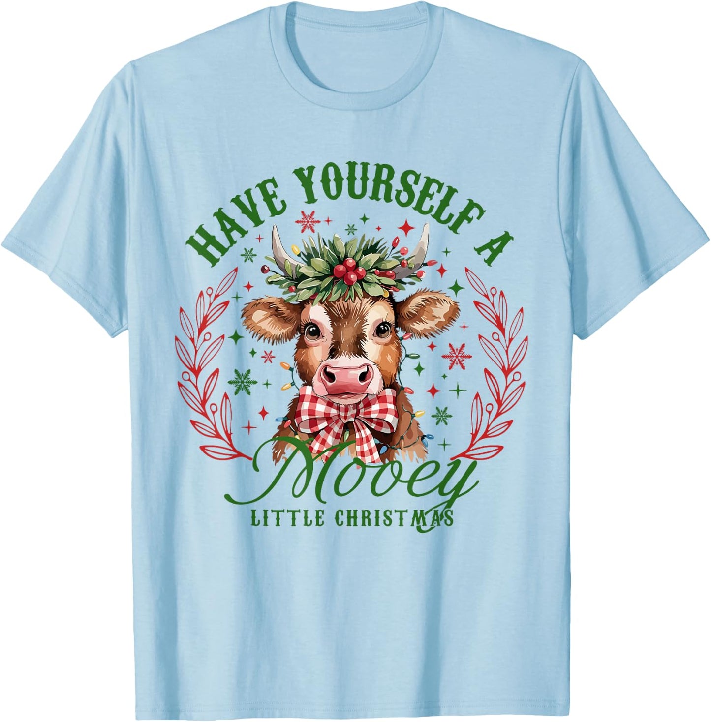 Have Yourself A Mooey Little Christmas Highland Cow Western T-Shirt - T-Shirt | Light Blue