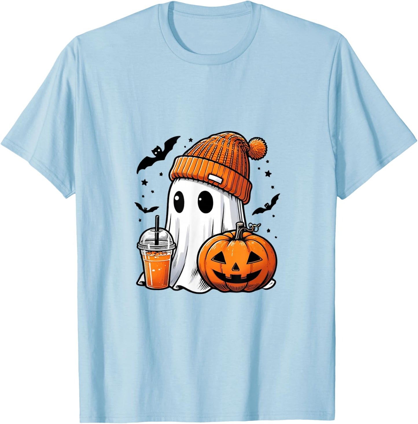 Cute Halloween Ghost with Pumpkin T-Shirt - T-Shirt | Light Blue