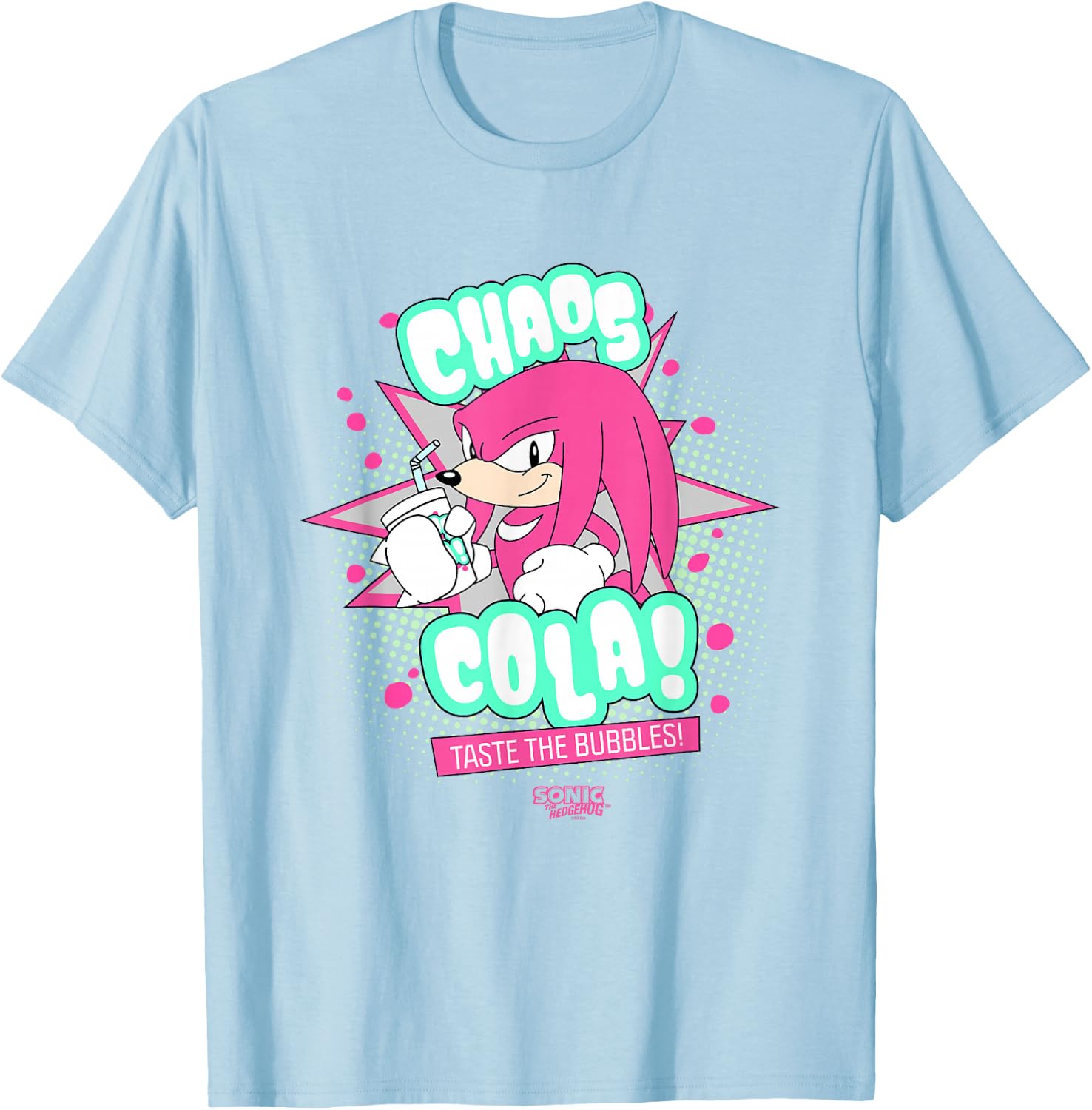 Sonic The Hedgehog Knuckles Chaos Cola Taste The Bubbles T-Shirt - T-Shirt | Light Blue