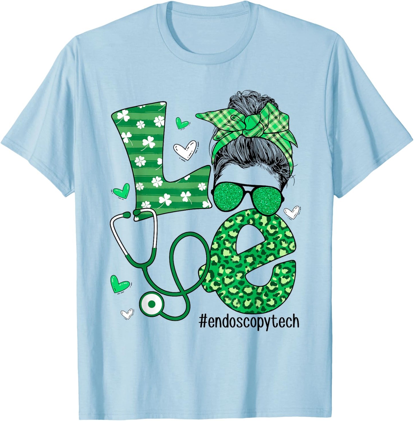 St Patrick's Day Shamrock Love Endoscopy Tech Life Messy Bun T-Shirt - T-Shirt | Light Blue