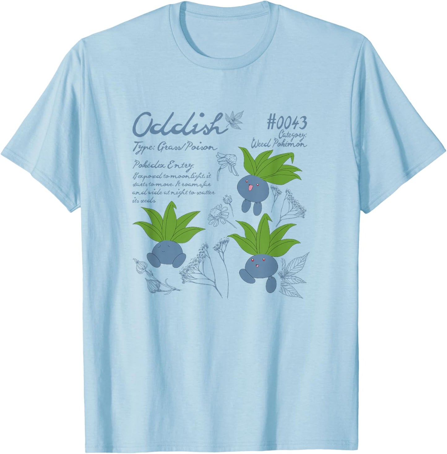 Pokémon Cute Oddish #0043 Pokédex Entry & Type Info T-Shirt - T-Shirt | Light Blue