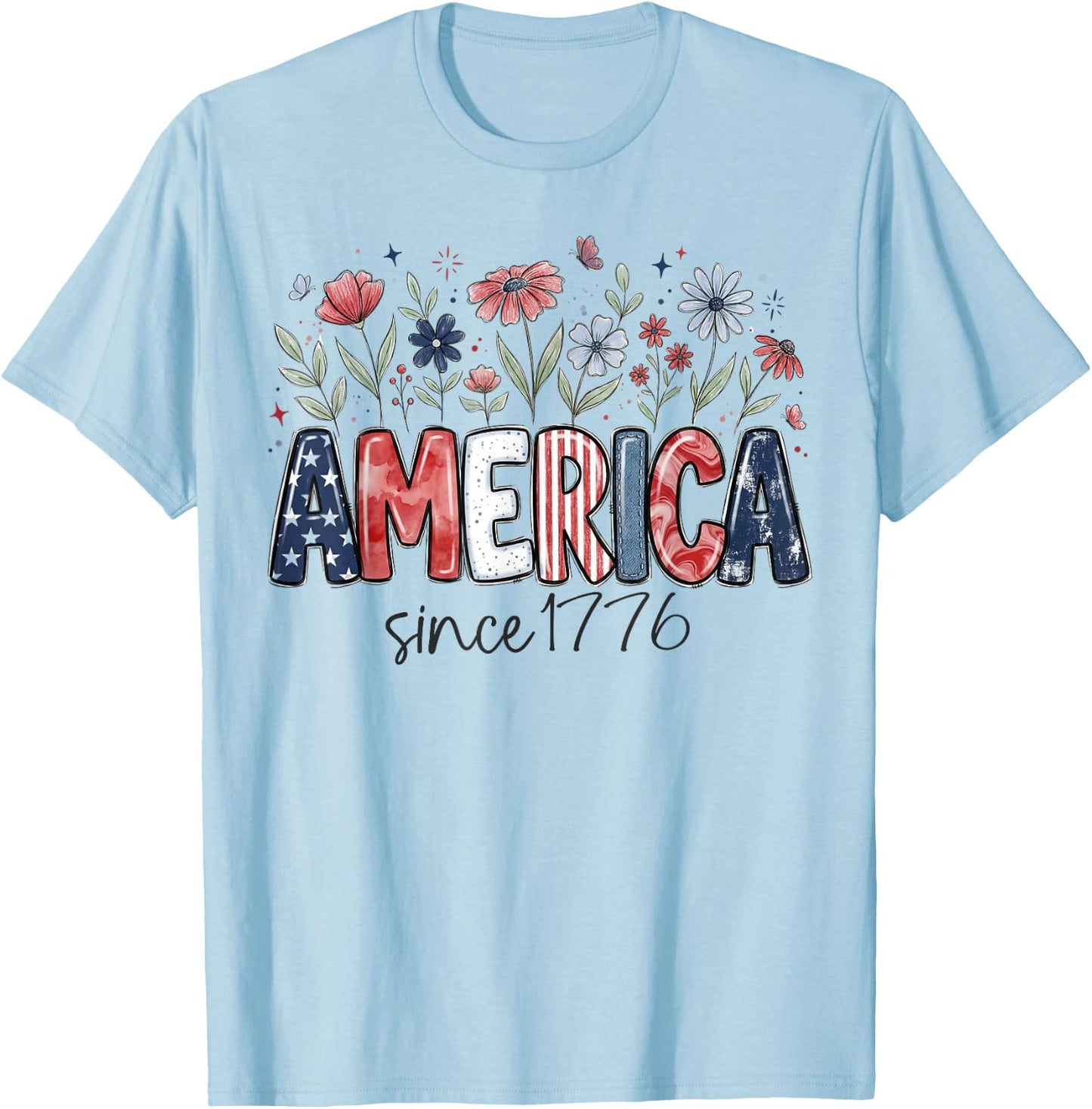 Since 1776 American Vintage Floral Red White and Blue Floral T-Shirt - T-Shirt | Light Blue