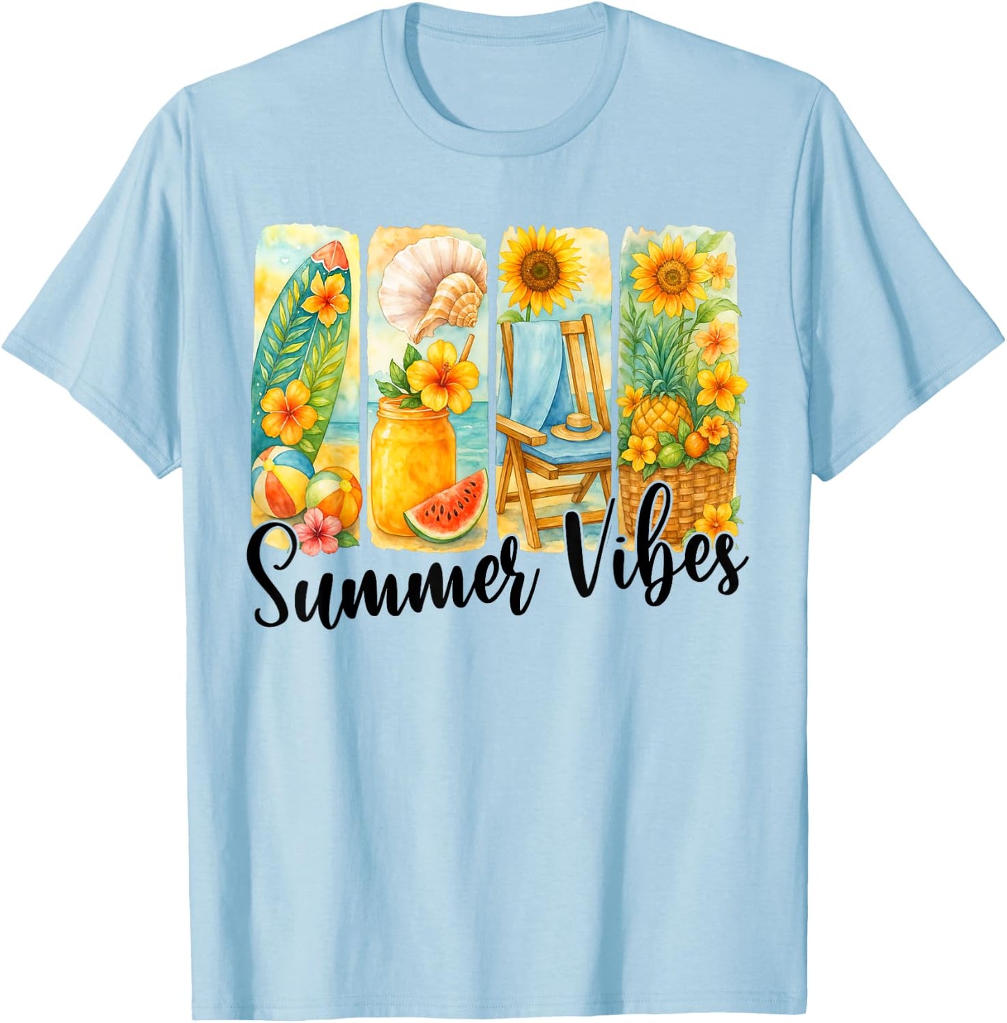 Beach Summer Scene Brushstroke Retro Summer Vibes T-Shirt - T-Shirt | Light Blue