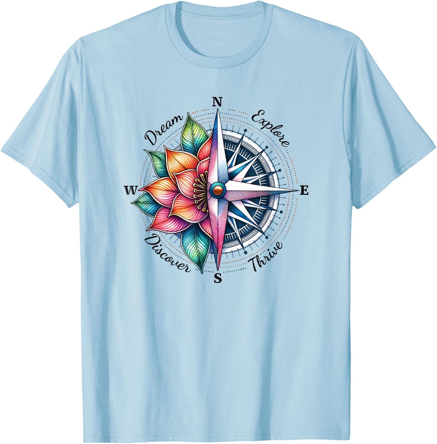 Traveler Compass Dream Explore Discover Thrive Adventure T-Shirt - T-Shirt | Light Blue