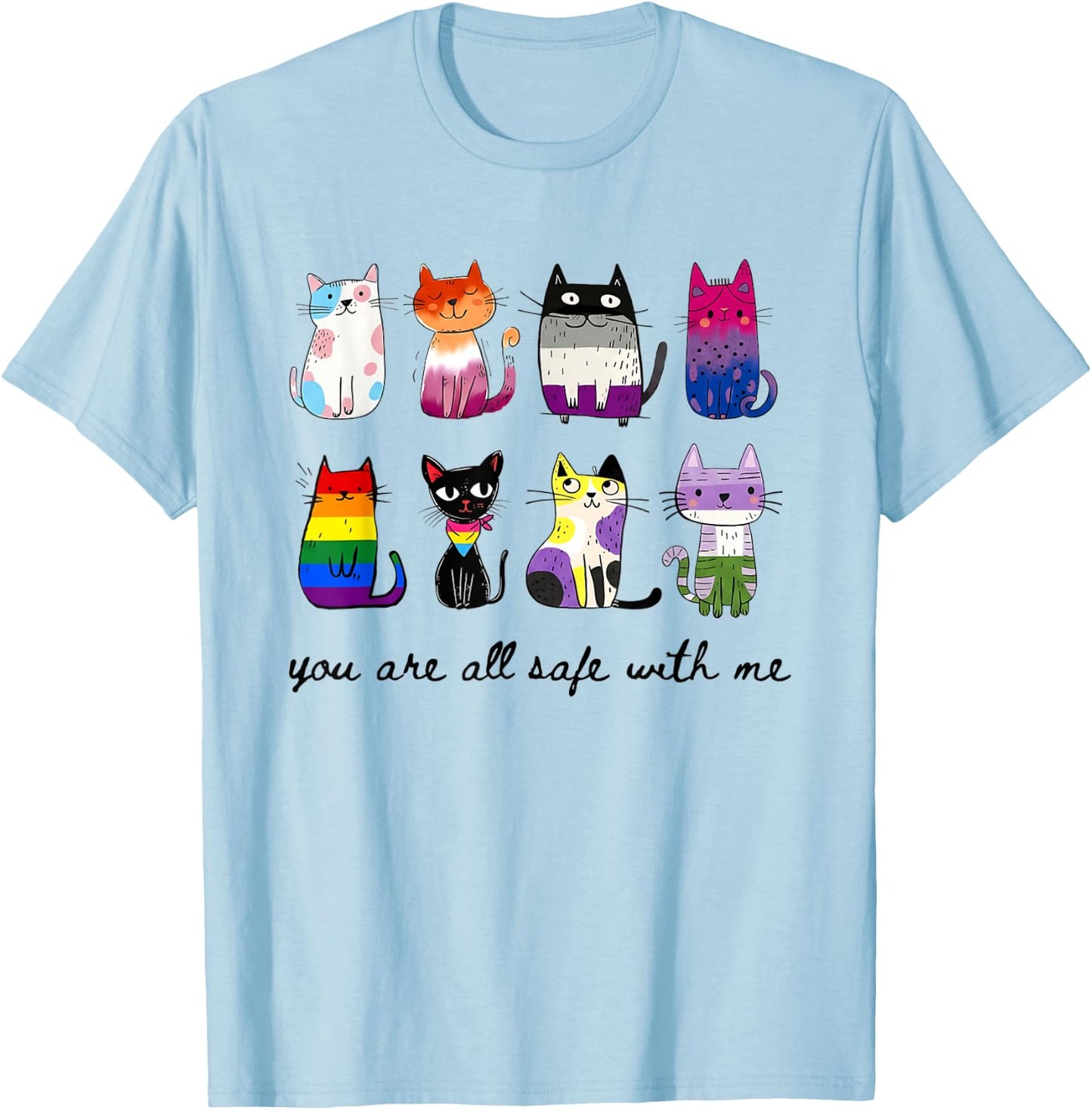 You are All Safe with Me Inclusive Pride Multi Flag LGBT Cat T-Shirt - T-Shirt | Light Blue