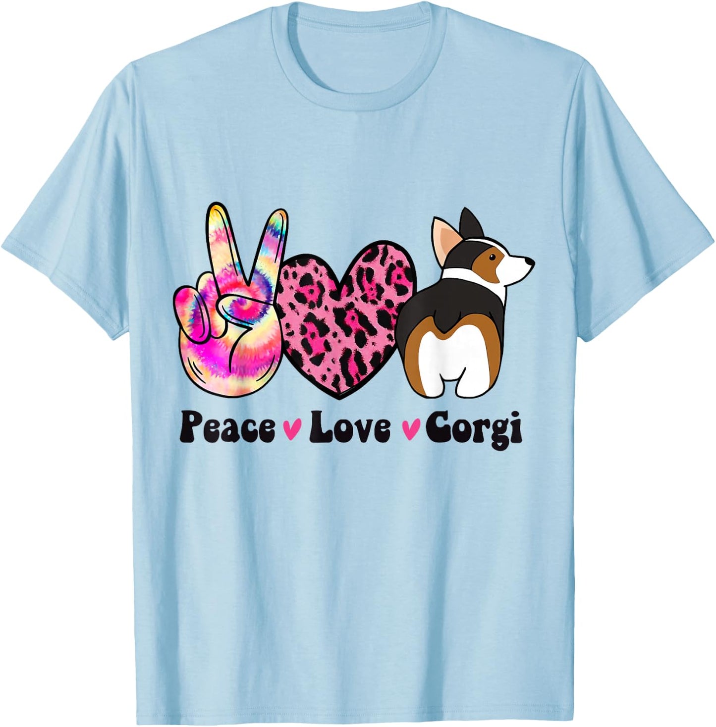 Tie Dye Peace Love Leopard Print Tricolor Corgi Dog Lover T-Shirt - T-Shirt | Light Blue