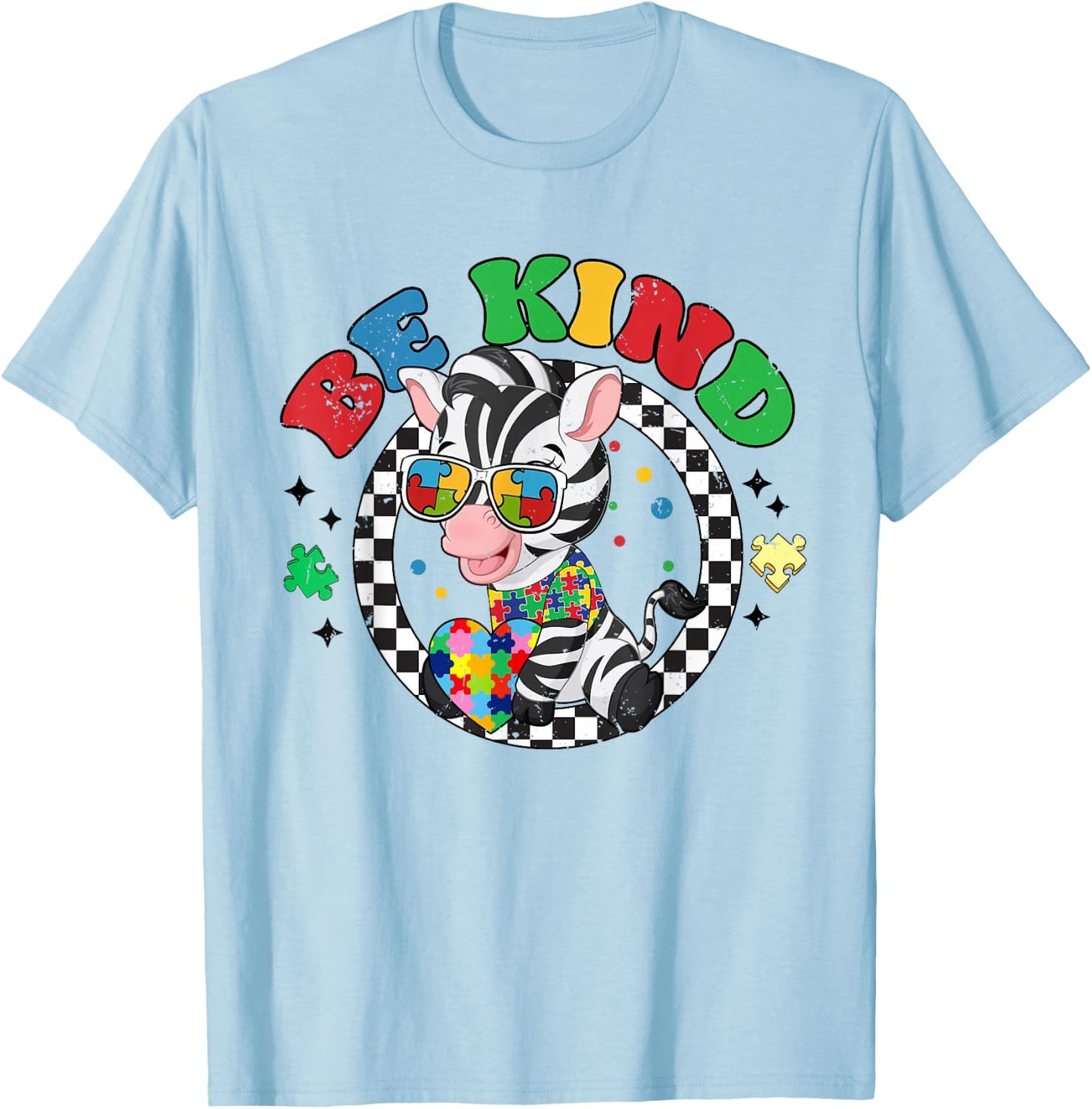 Retro Groovy Be Kind Zebra Sunglasses Autism Awareness T-Shirt - T-Shirt | Light Blue
