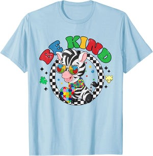 Retro Groovy Be Kind Zebra Sunglasses Autism Awareness T-Shirt - T-Shirt | Light Blue