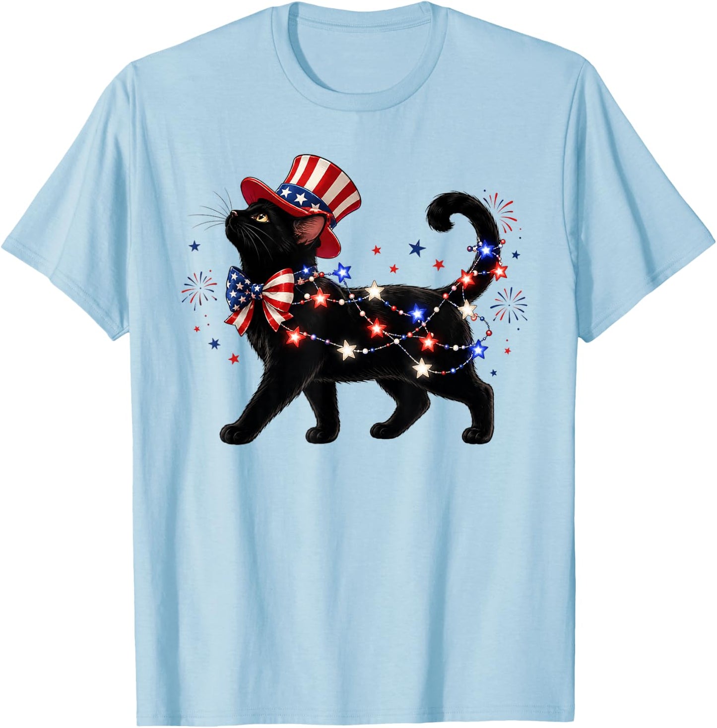 Patriotic Black Cat and Fireworks 4th of July Cat Lovers T-Shirt - T-Shirt | Light Blue