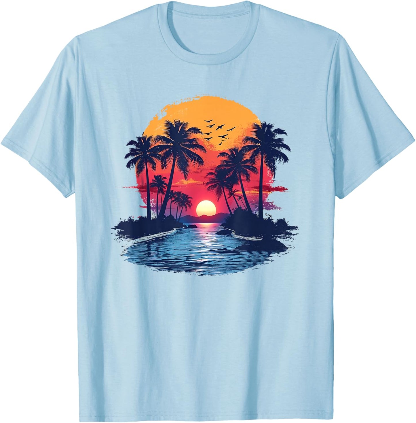 Tropical Paradise Beach with Palm Trees , White T-Shirt - T-Shirt | Light Blue