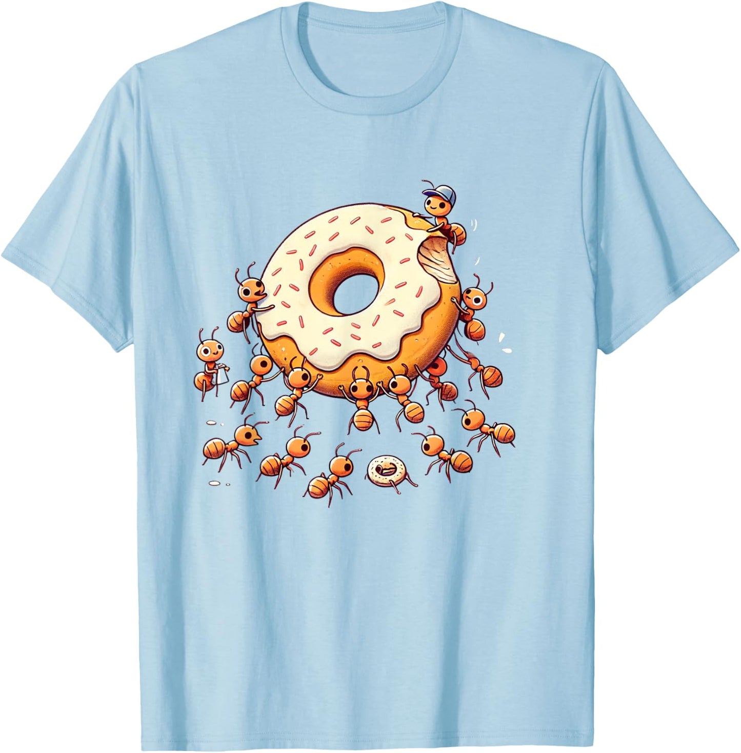 Cute Ants Carrying Giant Donut Funny Foodie Graphic T-Shirt - T-Shirt | Light Blue